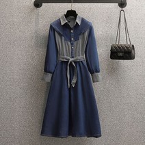 넷투넷코리아 여성 데님 셔츠형 롱원피스 심플 허리끈 기본 데일리