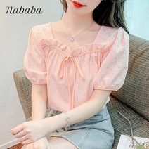 나바바 NB829 여성 플라워 가슴프릴 퍼프 반팔 블라우스
