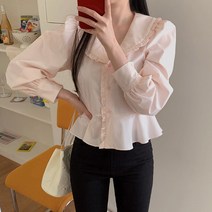 [랜덤플레이] 러블리 세라넥 어깨 퍼프 프릴 블라우스