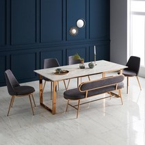 이즈가구 벨 로즈골드 천연대리석 4인용 6인용 식탁세트, 4인세트B : 4인테이블+의자2+벤치