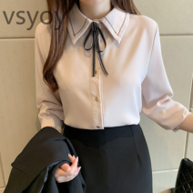 vsyoy 흰색 반팔 쉬폰 셔츠 여성의 2022 년 여름 새로운 디자인 센스 니쉬 칙 칼리지 스타일 통근 탑 트렌디