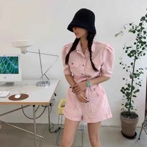 춘게엘 퍼프소매 벨트달린 반바지 점프수트 ghp058