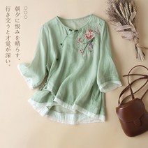 삼배옷 면 린넨 자수 칠부 소매 여름 슬리브 여성 셔츠 상의