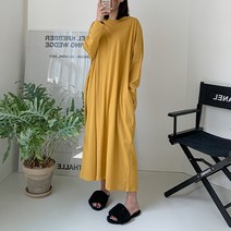 [오버나인] 여성 무지 코튼 박스 포켓 오버핏 긴팔 롱 원피스
