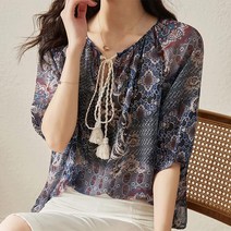 패션시그널 에스닉 라운드 벨타이 블라우스