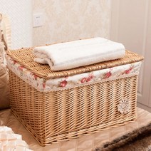 뚜껑있는 라탄바구니 라탄정리함 수납바구니 로퍼스, 대형, 우드 컬러 로즈 천