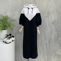 행복여[신상무배]트릭 브이 배색 후드 루즈핏 원피스