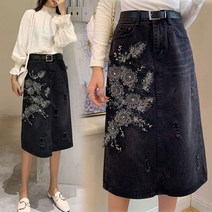 7309 꽃장식 블랙데님 7부스커트
