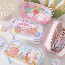 로엔 대용량 투명파우치 / 중학생 필통 펜파우치, 해피래빗