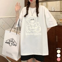 스타일아유 여성 고급면혼방 오버핏 곰도안 자수 라운드 박시핏 반팔 티셔츠[AYG6TS0010]