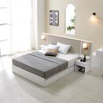 베디스 호텔식 오로라 템바보드 LED조명 멀티수납 침대 QK + 패널2 + 협탁2, 그레이+화이트