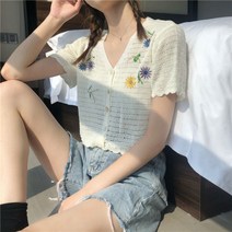 플라워 자수 브이넥 반소매 가디건 여름 신상코디K11