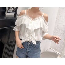오프숄더 프릴 5부 블라우스 화이트 블랙