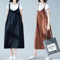 멜빵 롱 원피스 와이드핏 체형커버 빅사이즈 데일리 Nxr 여자 미니 면 니트 여름 카라 청치마 플레어