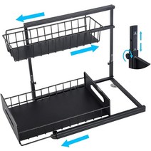 VANRIOS 100% 금속 언더 싱크 정리함 및 보관함 2단 풀아웃 캐비닛 정리함 선반 캐비닛 아래 보관 높이 조절 가능 미끄럼 방지 다용도 슬라이드 아웃 캐비닛 바구니