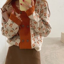 [하나비] 서화이스 여성 가을 헨리넥 더블버튼 플라워 루즈핏 가디건