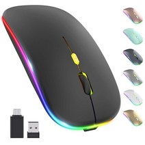 【업그레이드】 LED 무선 마우스 충전식 슬림 무소음 마우스 2.4G 휴대용 모바일 광학 오피스 USB 및 타입 C 리시버 포함 노트북 PC 컴퓨터 데스크톱용으로 3단 조, Black