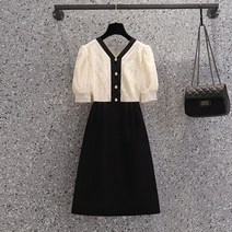 여성 여름 빅사이즈 블랙앤화이트 레이스 브이넥 반팔 A라인 원피스