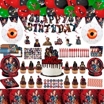 [캐로플] 20명의 손님을 위한 330개 낯선 것들 파티 용품에는 생일 배너 라텍스 풍선 매달린 소용돌이 호일 케이크 토퍼 컵케이크 스티커 식기 냅킨 밀짚 식탁보 초대장 페넌트 영