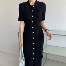 민스타일 카라 단추 반팔 여름 골지 니트 허리끈 롱 원피스