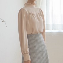 PLUVIA 러플 하이넥 소매 셔링 뒷넥 리본 블라우스 자체제작