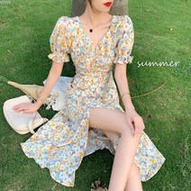 vsyoy 패션 여름 슬림해 보임 반팔원피스 브이넥 퍼프소매 플라워 원피스 쉬폰 롱원피스 데일리 헵번 스타일 여성복