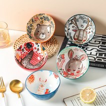 [Melison] 4.5 인치 밥그릇 국그릇세트 2인 4인 5인 식기 예쁜 도자기 홈세트 귀여운 그릇, A+B+C+D+E