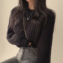 주디앤 여성 솔리드 크롭 긴팔 니트 스웨터