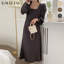 (귈림)[77까지] 스퀘어넥 퍼프 셔링 슬리브 롱 원피스(GAFOP020P)