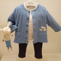 아가방 50% 봄 베이비페어! 이쁜 블루 컬러 가디건이 같이 풀세트 쓰리피스 상하복! 간절기 간단한 가디건이 필요해 유아 외출복 상하세트! 가볍게 봄 좋아라 놀이복