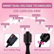 이중 전압 헤어 드라이어 브러시 블로우 드라이어 브러시 유럽 여행용 110V-120V/220V-240V 핫 에어 브러시 및 스타일러 볼류마이저 음이온 안티프리즈 세라믹 티타늄