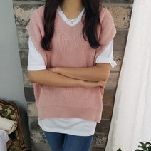 상상그이상 여성용 국내제작 하찌 트임 니트조끼 조끼 20수 고급 구김없는 촉감좋은 면티셔츠 코디세트 변형없는 파스텔 5컬러 캡소매 루즈핏 레이어드 베스트 세트구성