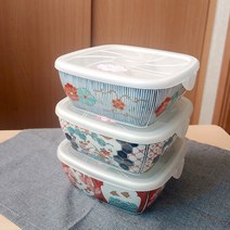 하코야 사각나눔 도자기찬통 (대) 반찬통 간편도시락 냉동 보관용기 간식보관 계란찜, 매화, 3칸