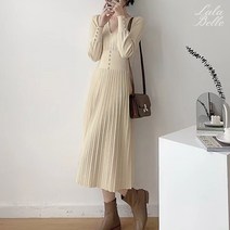 라라벨 여성용 원피스 러스빈 브이넥 주름 플리츠 버튼 로맨틱 니트 원피스