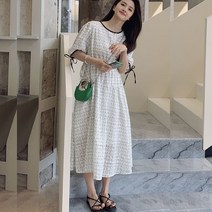 티티웍스 5781 여성용 복고풍 소매 리본 라운드넥 반팔 롱 원피스