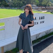 브이넥 랩 셔링 반팔 플레어 후레아 롱원피스
