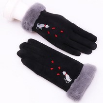 SINPAID 여성 겨울 털 장갑 손가락 터치 스마트폰 방한 등산 여자 자수, 블랙