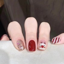 포인세티아 러블리 엘크 루돌프 네일팁 크리스마스 아우라 붙이는네일 새해 스타일, 24pcs