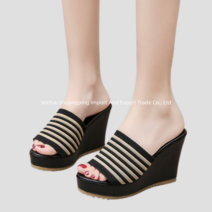 10CM 키높이 통굽 스트라이프 웨지 힐 슬리퍼 옐로우 베이지 225 굽높은 미끄럼 방지