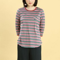 애비뉴투지 엄마옷 멀티 스트라이프 실켓 면 여성 봄 가을 칠부 라운드 티셔츠 A04212 50대 60대 중년여성