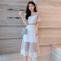 키작녀 원피스 키작은 여자 프랑스 메쉬 스티칭 벨 소매 여성 여름스타일 허리 슬림 롱 스커트