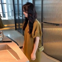 라운드 오프숄더 리본 스트랩 퍼프 슬리브 루즈 임신부인 원피스