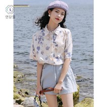 【연당월】홍콩식 반팔 프레시 상의에 루즈핏 셔츠가 매치되어요보카바카블라우스