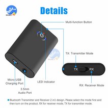 2 인 1 무선 블루투스 5.0 송신기 수신기 TV PC 자동차 스피커 충전 가능 3.5mm AUX Hifi 음악 오디오 어댑터, [01] 블루투스 v5.0