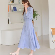 여성 롱 셔츠원피스 여름 반팔 허리밴딩 플레어 스커트 A라인 데일리 오피스룩 하객룩 HE050