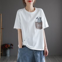 ANKRIC 데일리 톱 면 예술적 단색 만화 인쇄 짧은 소매 티셔츠 여성용 여름 포켓 장식 터틀넥 탑