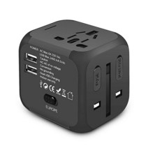 범용 여행용 어댑터 GOLDFOX 올인원 국제 전원 어댑터 USB 포트 2개 유럽 어댑터 유럽 영국 미국 호주 아시아용 전 세계 AC 콘센트 플러그 어댑터 (블랙), Black