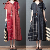 중년여성 빅사이즈 체크 패치 홈웨어 린넨 롱원피스