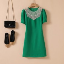 럭셔리 진주 비즈 장식 블랙 원피스 하이 웨이스트 A 라인 얇은 반팔 원피스