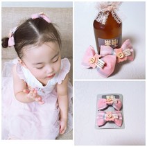 뽕삔 유아 아동 핑크 체크 곰돌이 리본 집게핀 한쌍